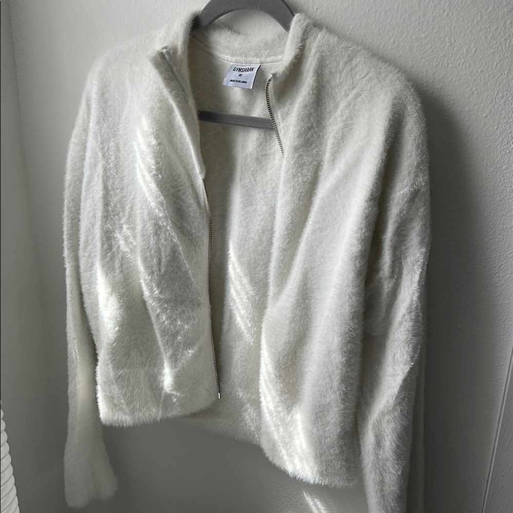 Whitney Simmons Gymshark Cropped White Fuzzy Jacket